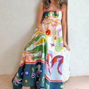 Blue and Green Strapless Maxi Sundress for Resort Wear